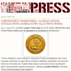 Studio Stampa - CORONAVIRUS, MASSONERIA : LA GRAN LOGGIA D’ITALIA DONA 100MILA EURO ALLA CROCE ROSSA