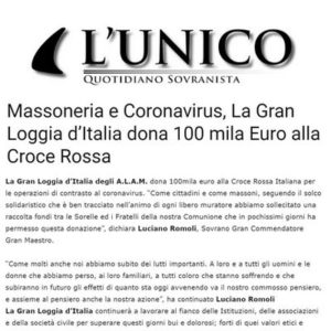 L'Unico - Massoneria e Coronavirus, La Gran Loggia d’Italia dona 100 mila Euro alla Croce Rossa